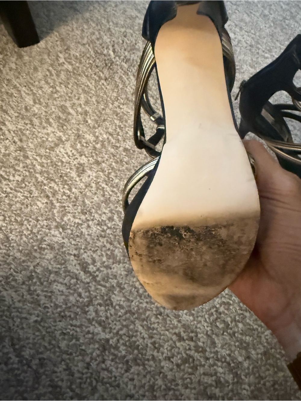 BCBGMaxAzria Black Sandal Heels with Gold Metallic Straps - Picture 5 of 6